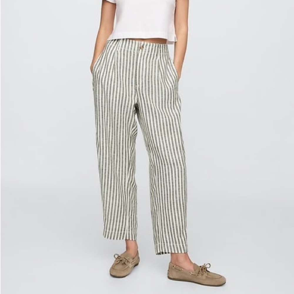 GAP Factory Mid Rise Linen Blend Barrel Pants in Green White Stripe | XL | GUC